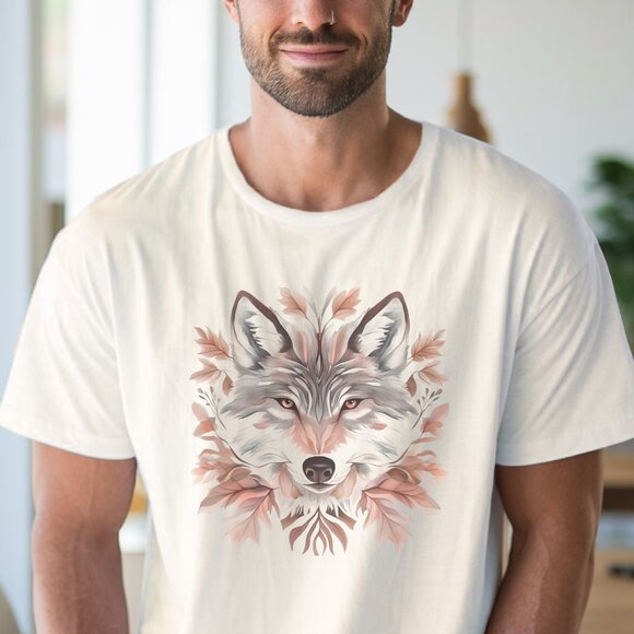 Wolf Art Shirt Autumn Leaves Animal Graphic Nature Earthy Tones Tee - Picture 4 of 6